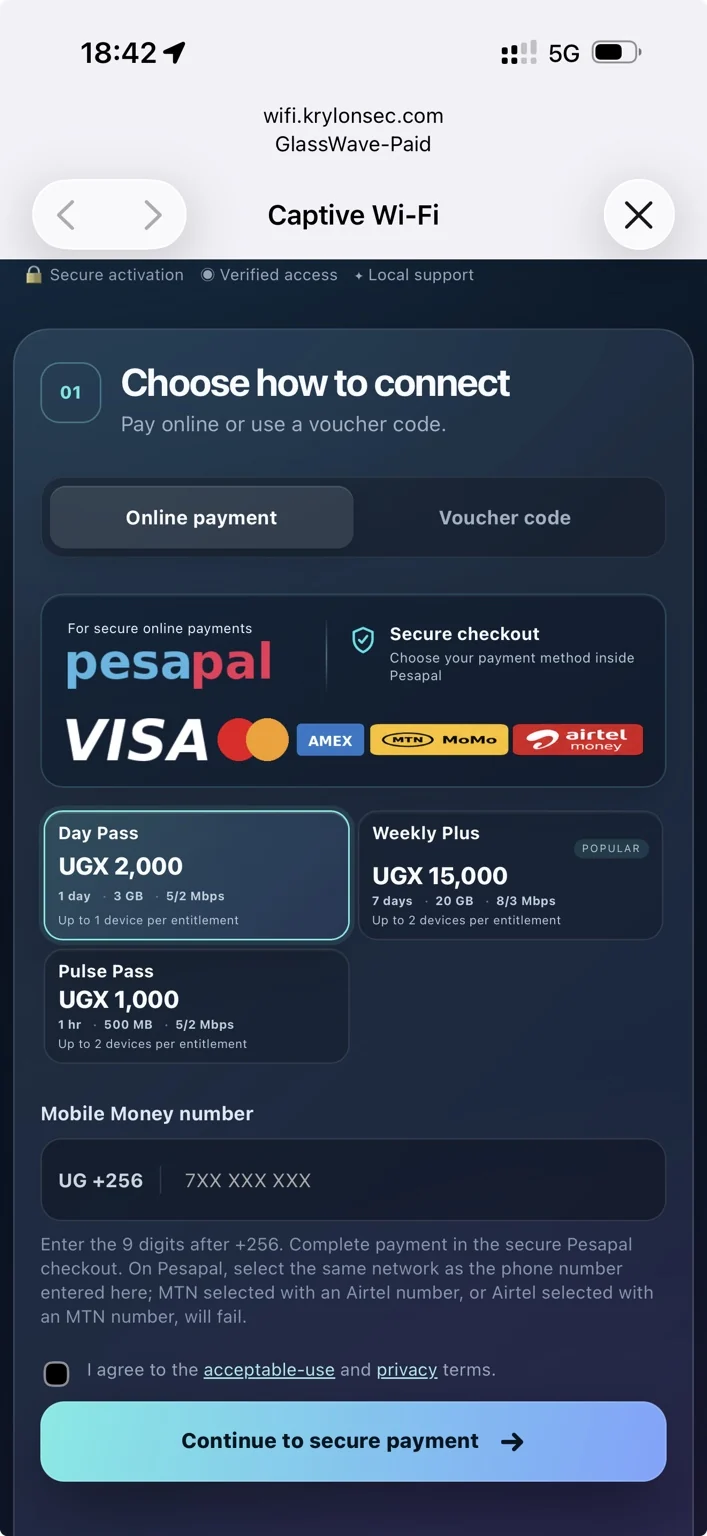 GlassWave mobile captive portal with Pesapal, Visa, Mastercard, MTN MoMo and Airtel Money