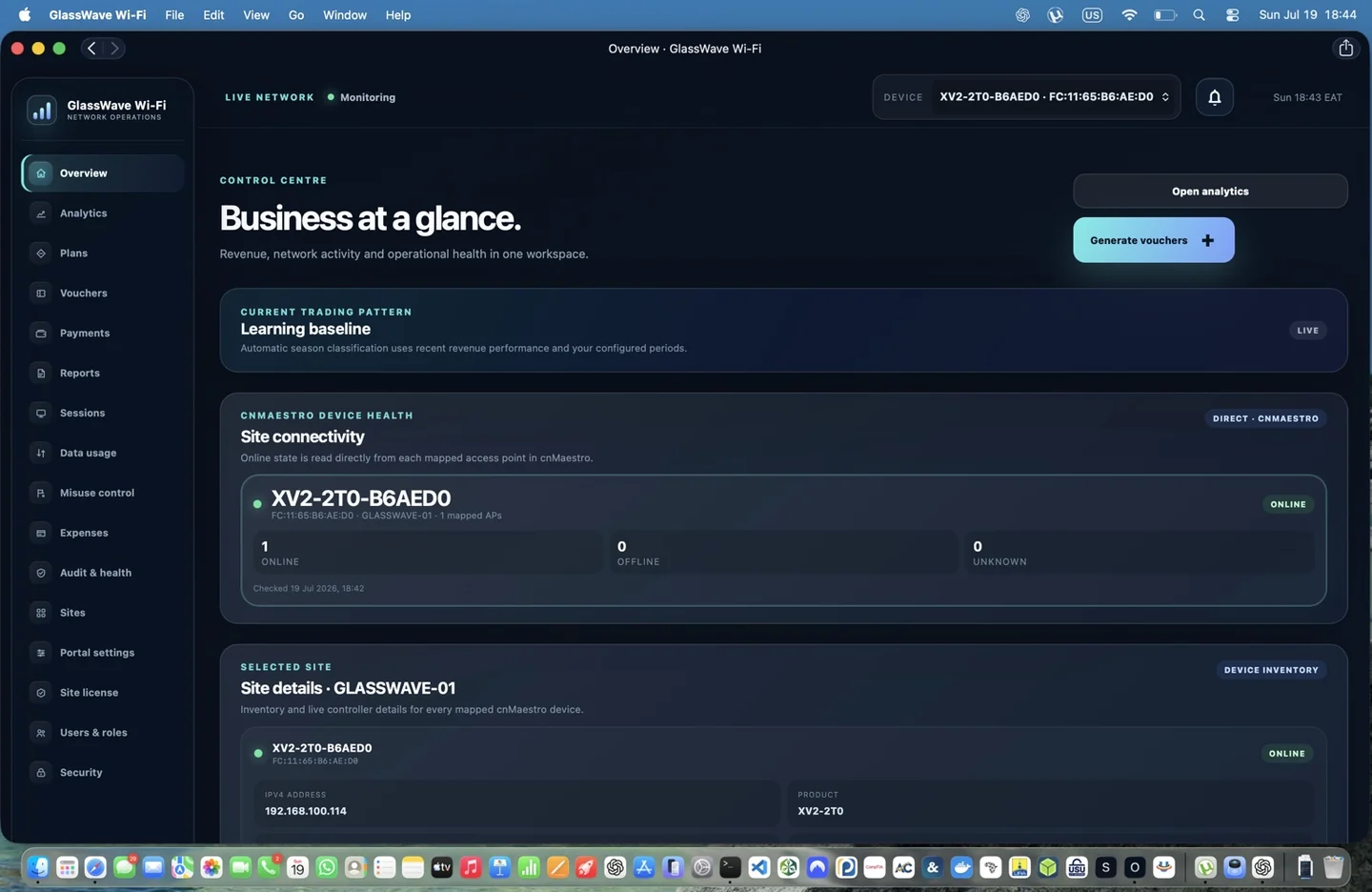 Real GlassWave operator dashboard showing hotspot revenue, network health and site controls