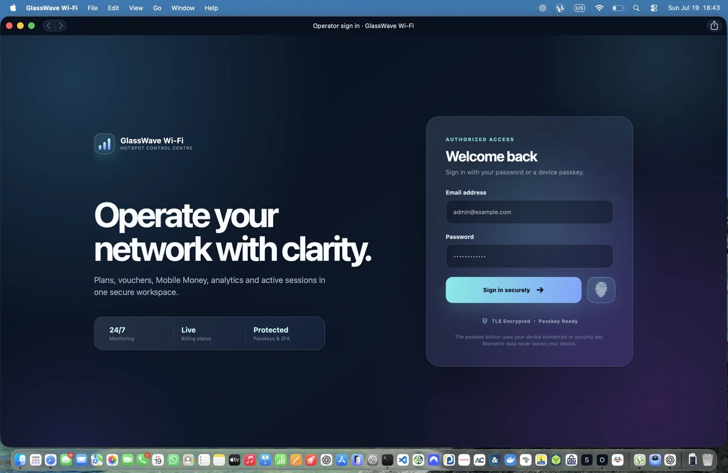 Secure GlassWave operator sign-in with password and passkey access