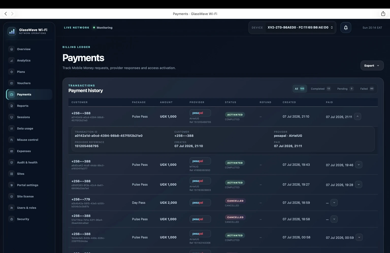 GlassWave enterprise payment history showing Pesapal transactions, Mobile Money providers and automatic hotspot activation